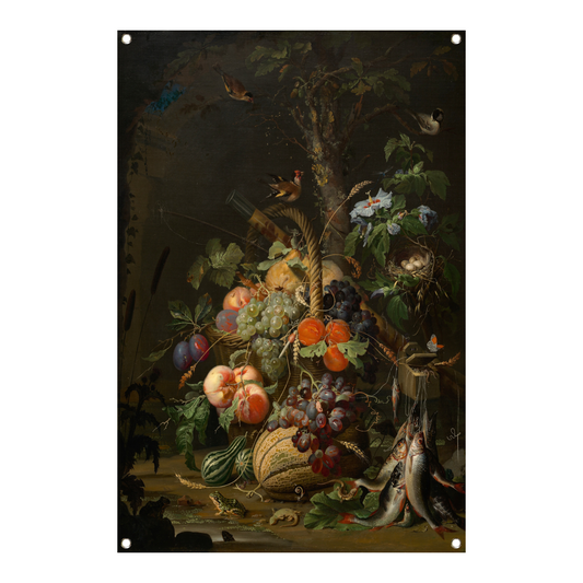 Stilleven met fruit, vis en een nest - Abraham Mignon tuinposter