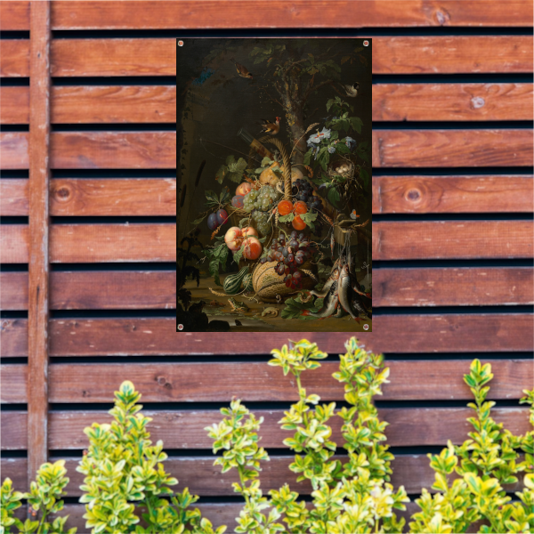 Stilleven met fruit, vis en een nest - Abraham Mignon tuinposter