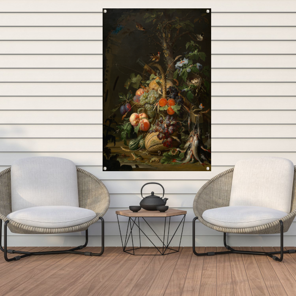 Stilleven met fruit, vis en een nest - Abraham Mignon tuinposter