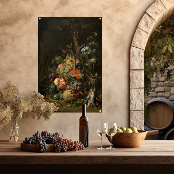 Stilleven met fruit, vis en een nest - Abraham Mignon tuinposter