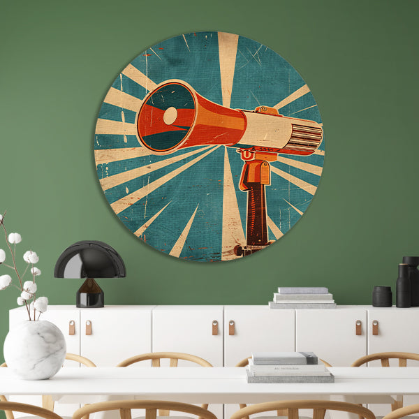 Retrofuturistische Kunst: Vintage Megafoon aluminium muurcirkel