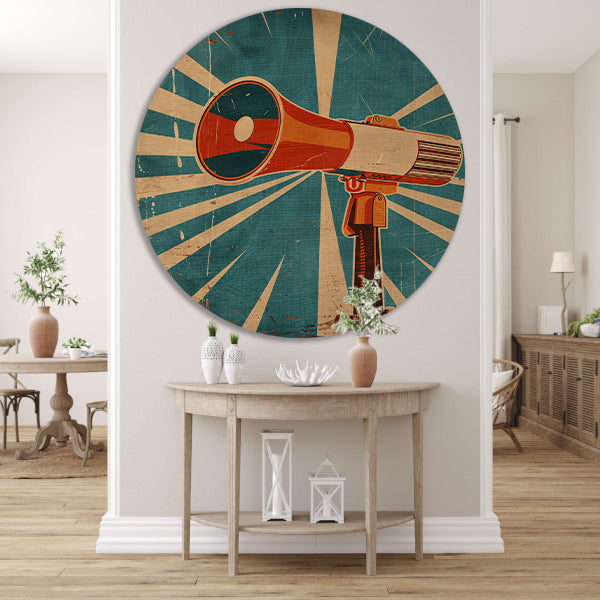 Retrofuturistische Kunst: Vintage Megafoon aluminium muurcirkel