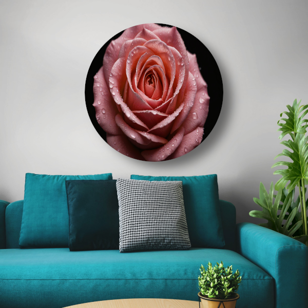 Roze Roos met Dauwdruppels op Zwart aluminium muurcirkel