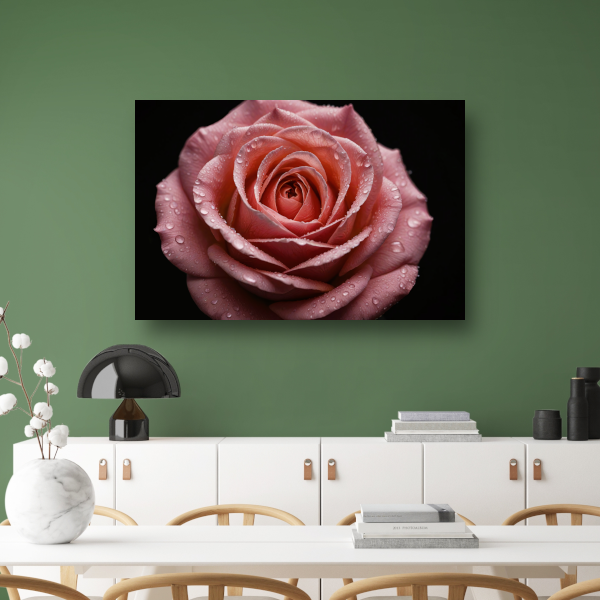 Roze Roos met Dauwdruppels op Zwart poster
