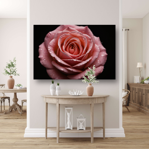 Roze Roos met Dauwdruppels op Zwart poster