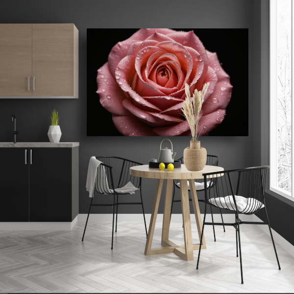 Roze Roos met Dauwdruppels op Zwart poster