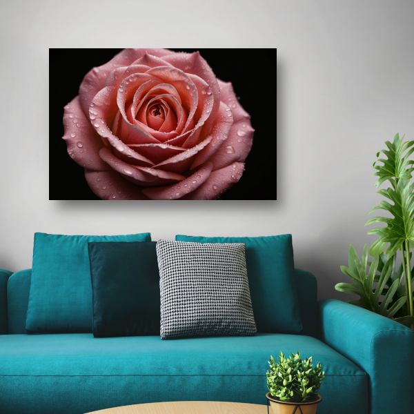Roze Roos met Dauwdruppels op Zwart poster
