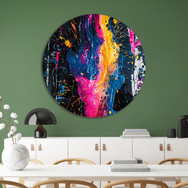 Kleurrijke abstracte kunst met spetters aluminium muurcirkel
