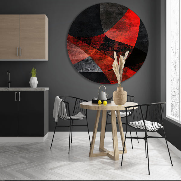 Abstract rood en zwart kunstwerk met diepte aluminium muurcirkel