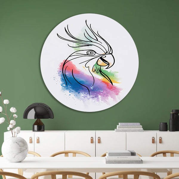 Abstracte waterverf vogel in kleurrijke lijnen aluminium muurcirkel