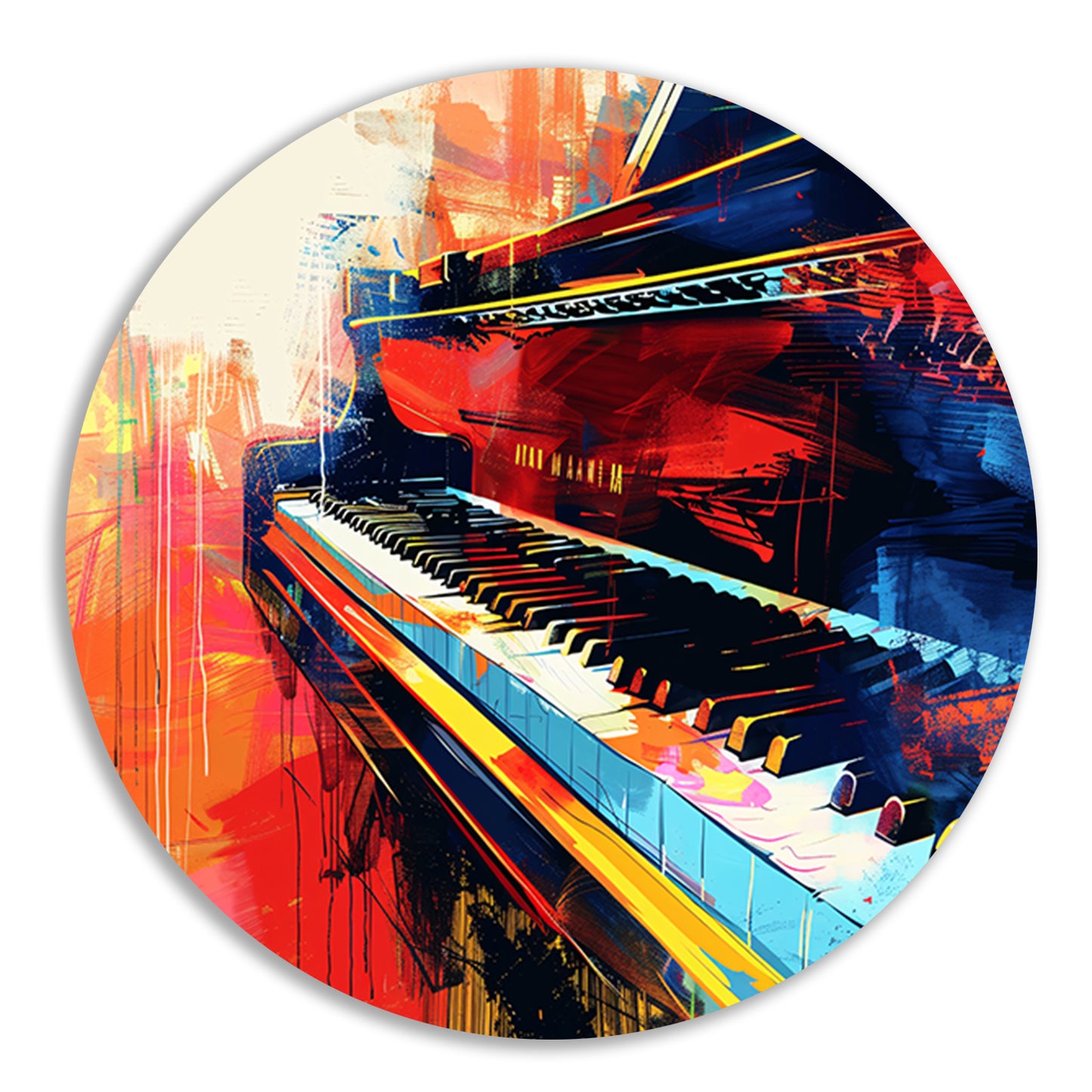 Abstracte kleurrijke piano in beweging aluminium muurcirkel