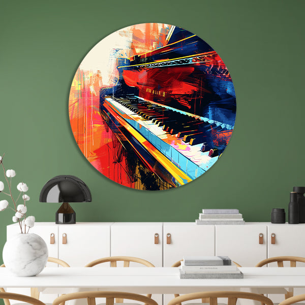 Abstracte kleurrijke piano in beweging aluminium muurcirkel