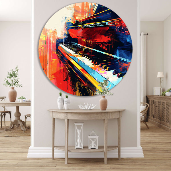 Abstracte kleurrijke piano in beweging aluminium muurcirkel
