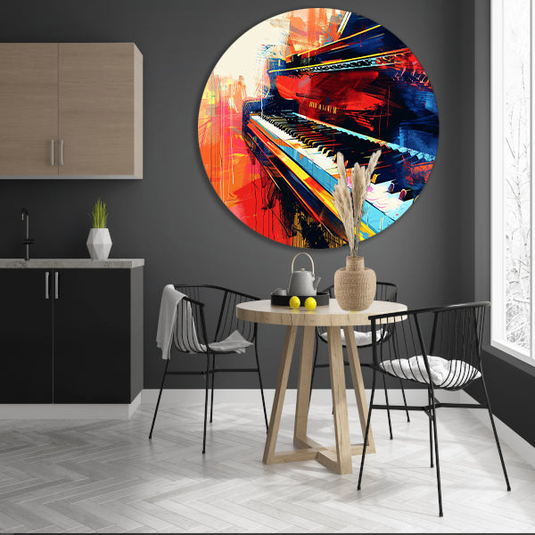 Abstracte kleurrijke piano in beweging aluminium muurcirkel