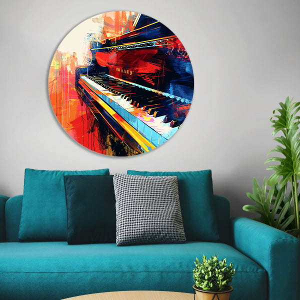 Abstracte kleurrijke piano in beweging aluminium muurcirkel