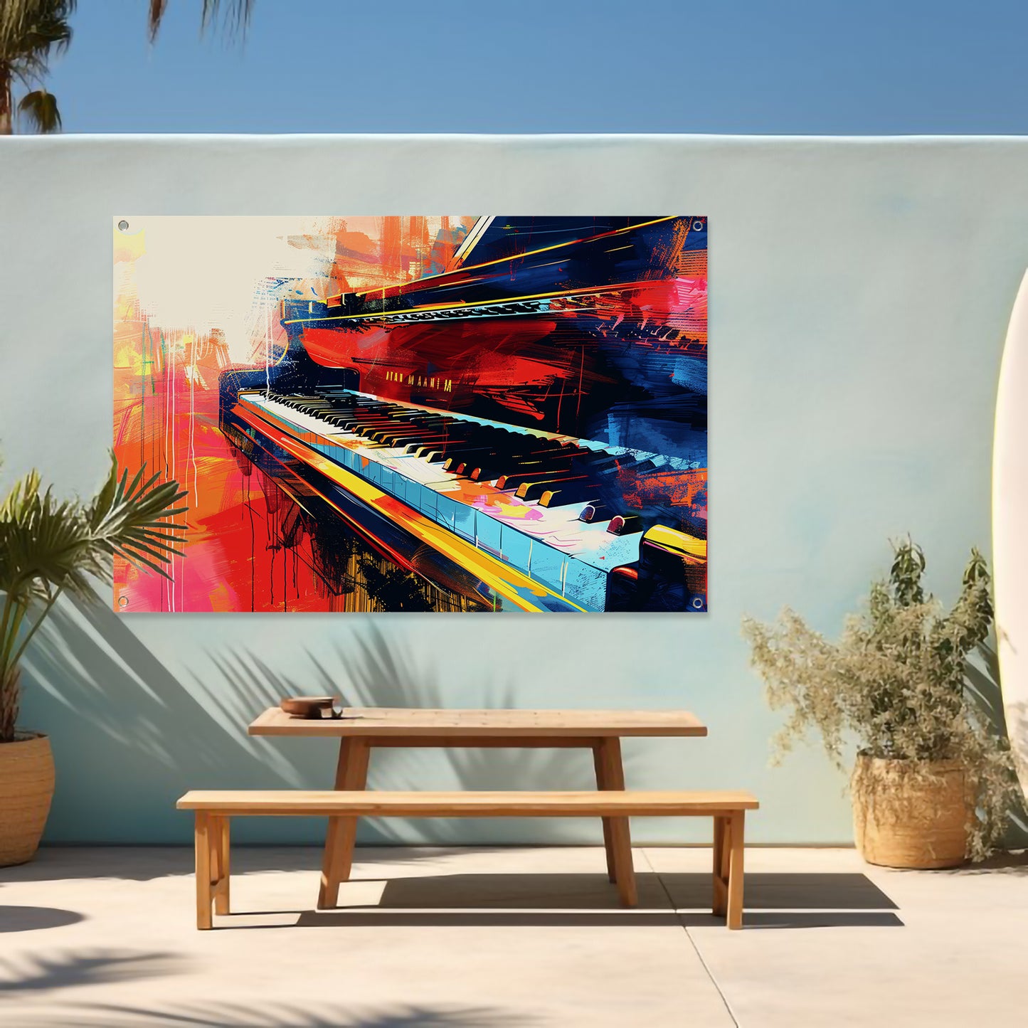 Abstracte kleurrijke piano in beweging tuinposter