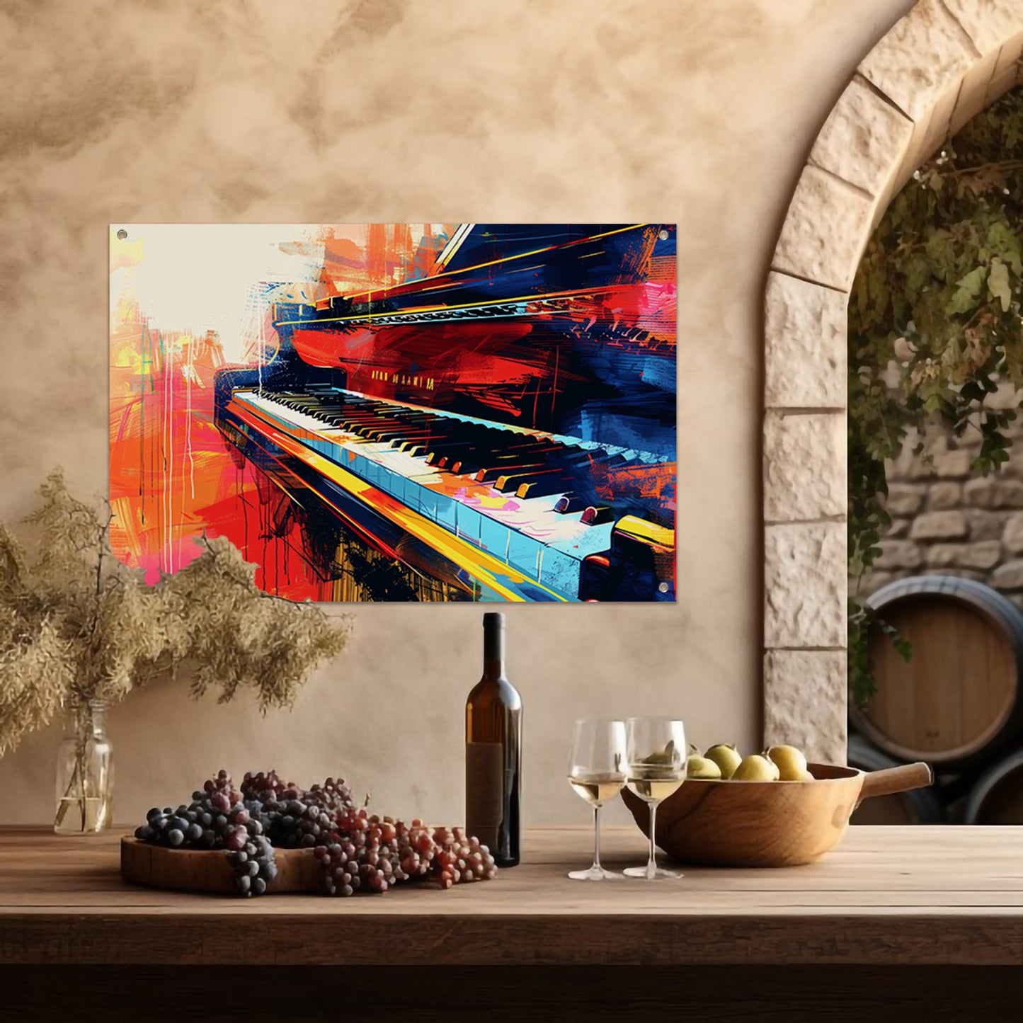 Abstracte kleurrijke piano in beweging tuinposter