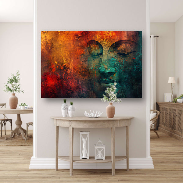 Mysterieus Boeddha portret met kleurrijke texturen acrylglas