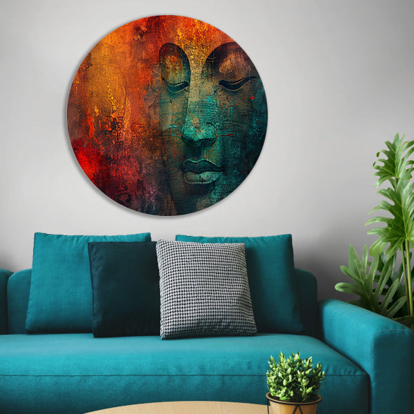 Mysterieus Boeddha portret met kleurrijke texturen aluminium muurcirkel