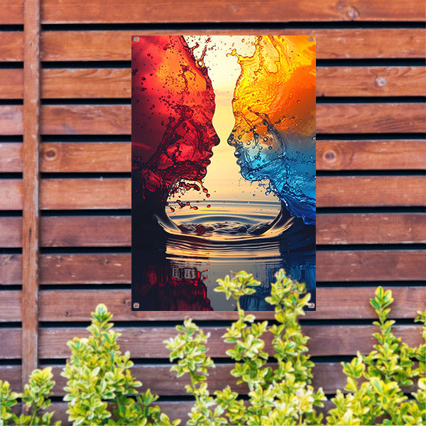 Twee Abstract Gezichten in een Kleurrijk Omhelzing tuinposter