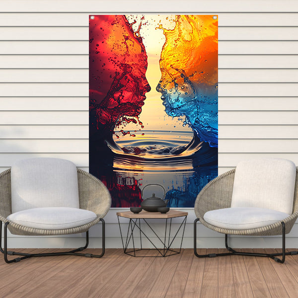 Twee Abstract Gezichten in een Kleurrijk Omhelzing tuinposter