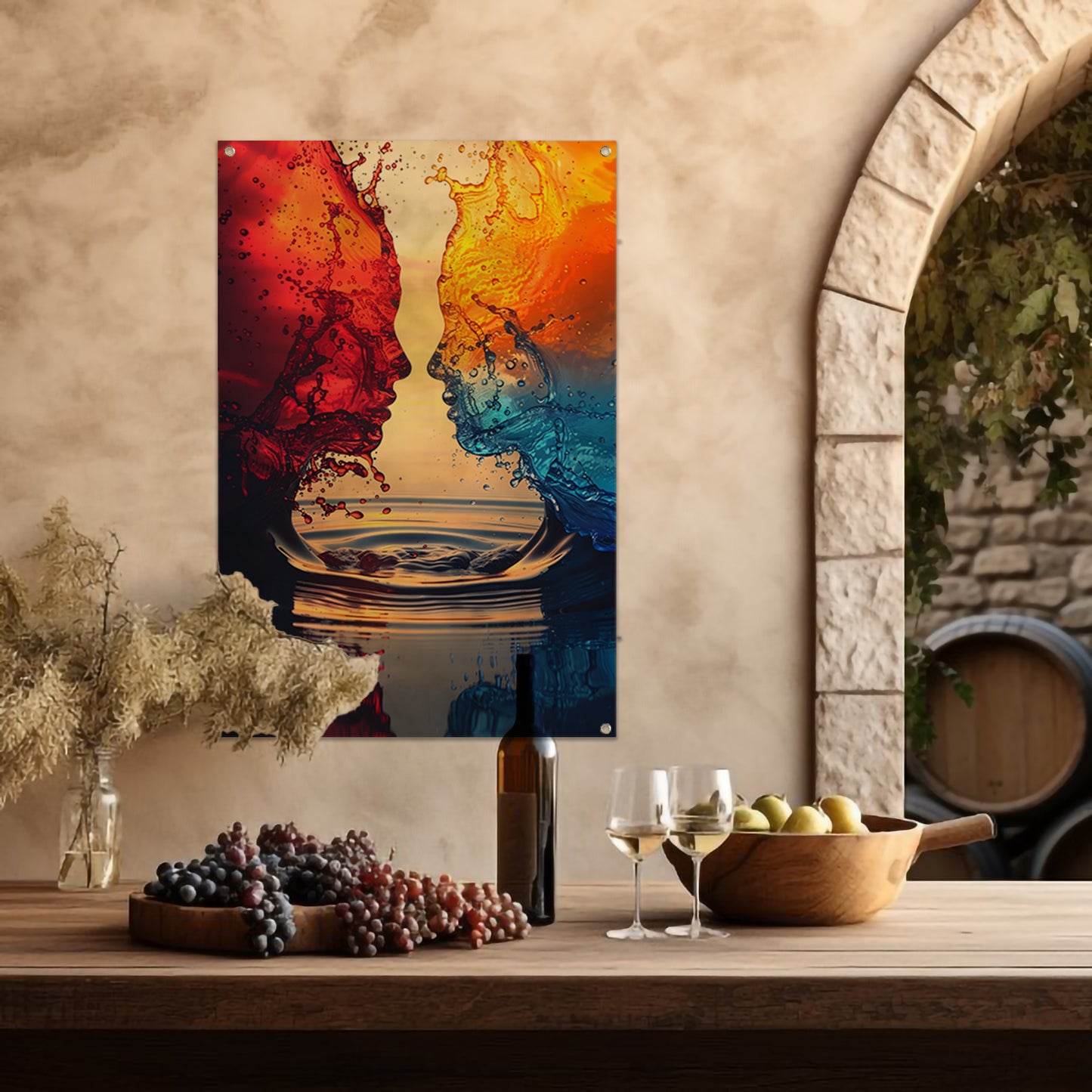 Twee Abstract Gezichten in een Kleurrijk Omhelzing tuinposter