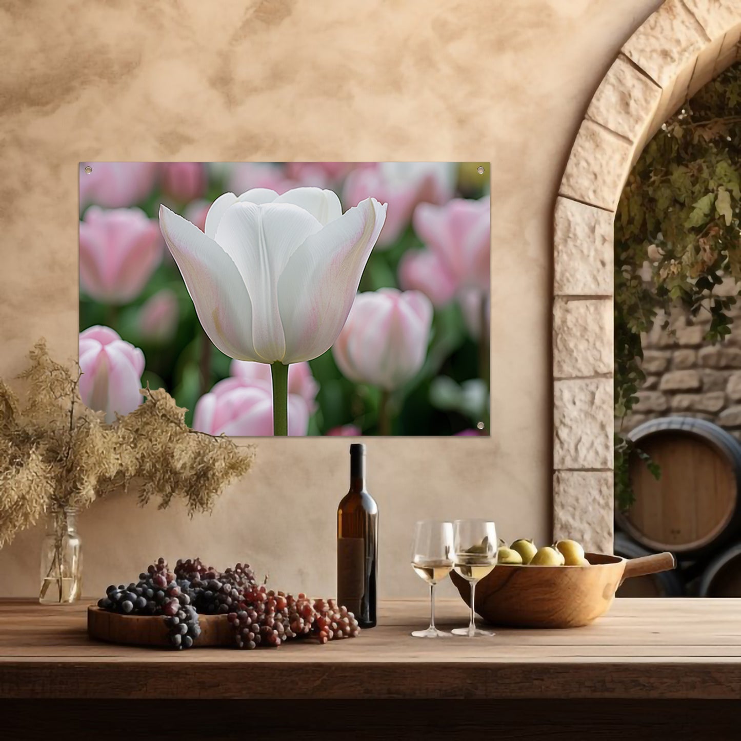 Witte tulp omringd door zachte kleuren tuinposter