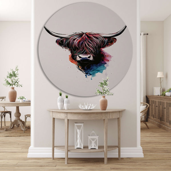 Moderne waterverfstijl Schotse hooglander met kleur aluminium muurcirkel