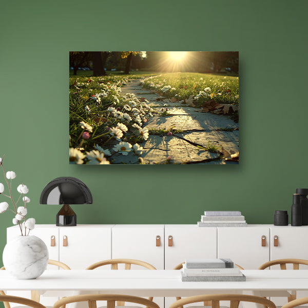 Bloemen onder zonlicht op padposter