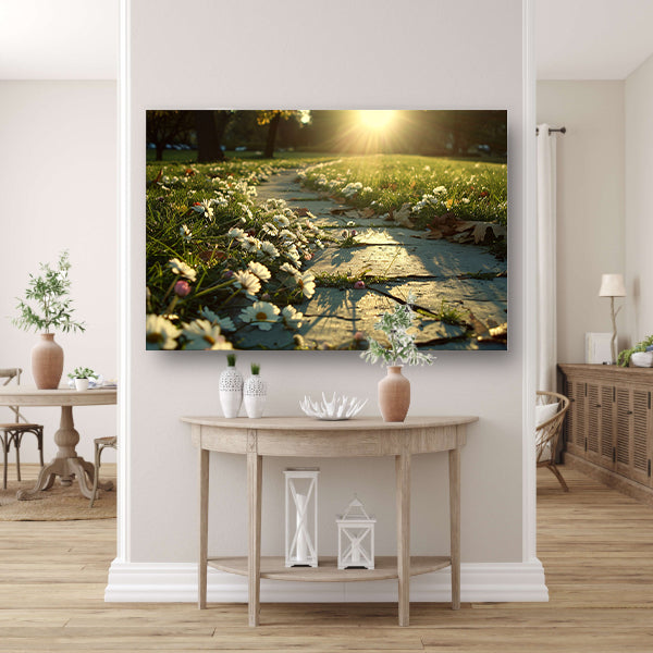 Bloemen onder zonlicht op padposter