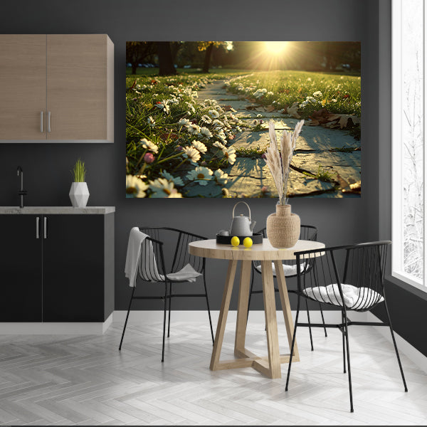 Bloemen onder zonlicht op padposter