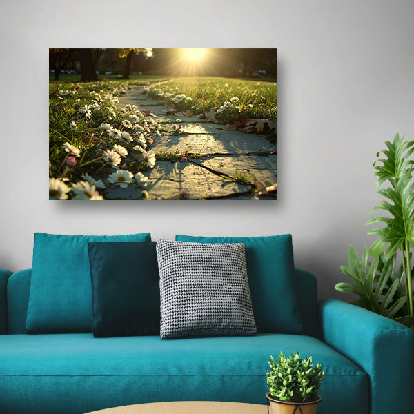 Bloemen onder zonlicht op padposter