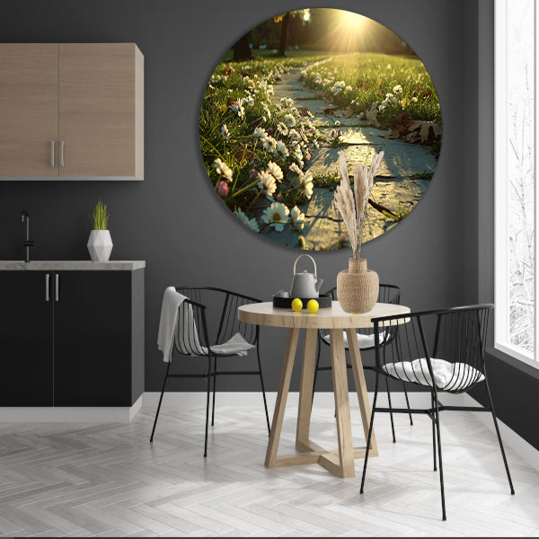 Bloemen onder zonlicht op pad aluminium muurcirkel