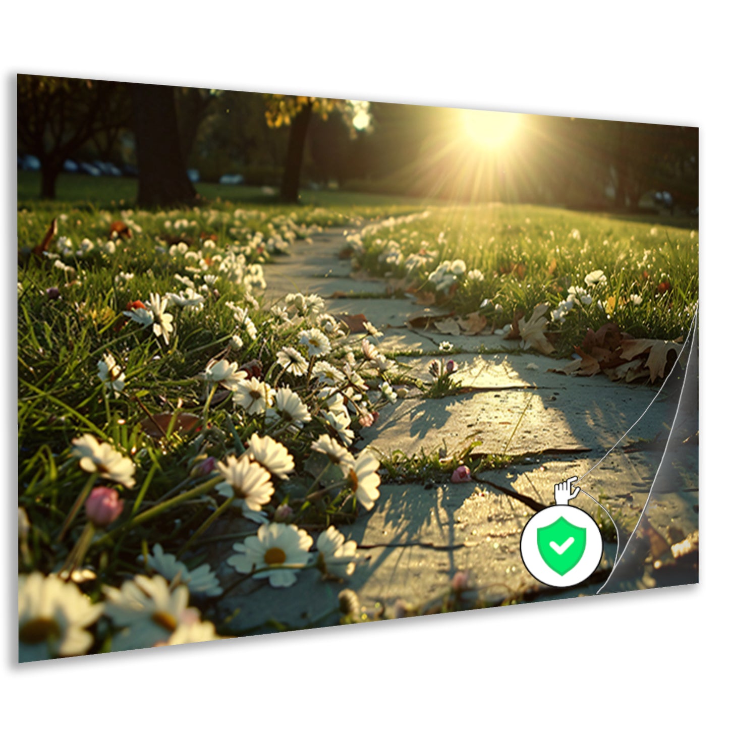 Bloemen onder zonlicht op padposter