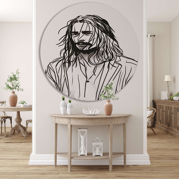 Abstract portret met zwart-witte lijnen aluminium muurcirkel