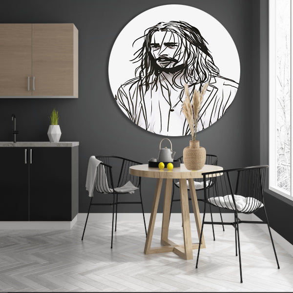 Abstract portret met zwart-witte lijnen aluminium muurcirkel
