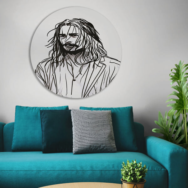 Abstract portret met zwart-witte lijnen aluminium muurcirkel