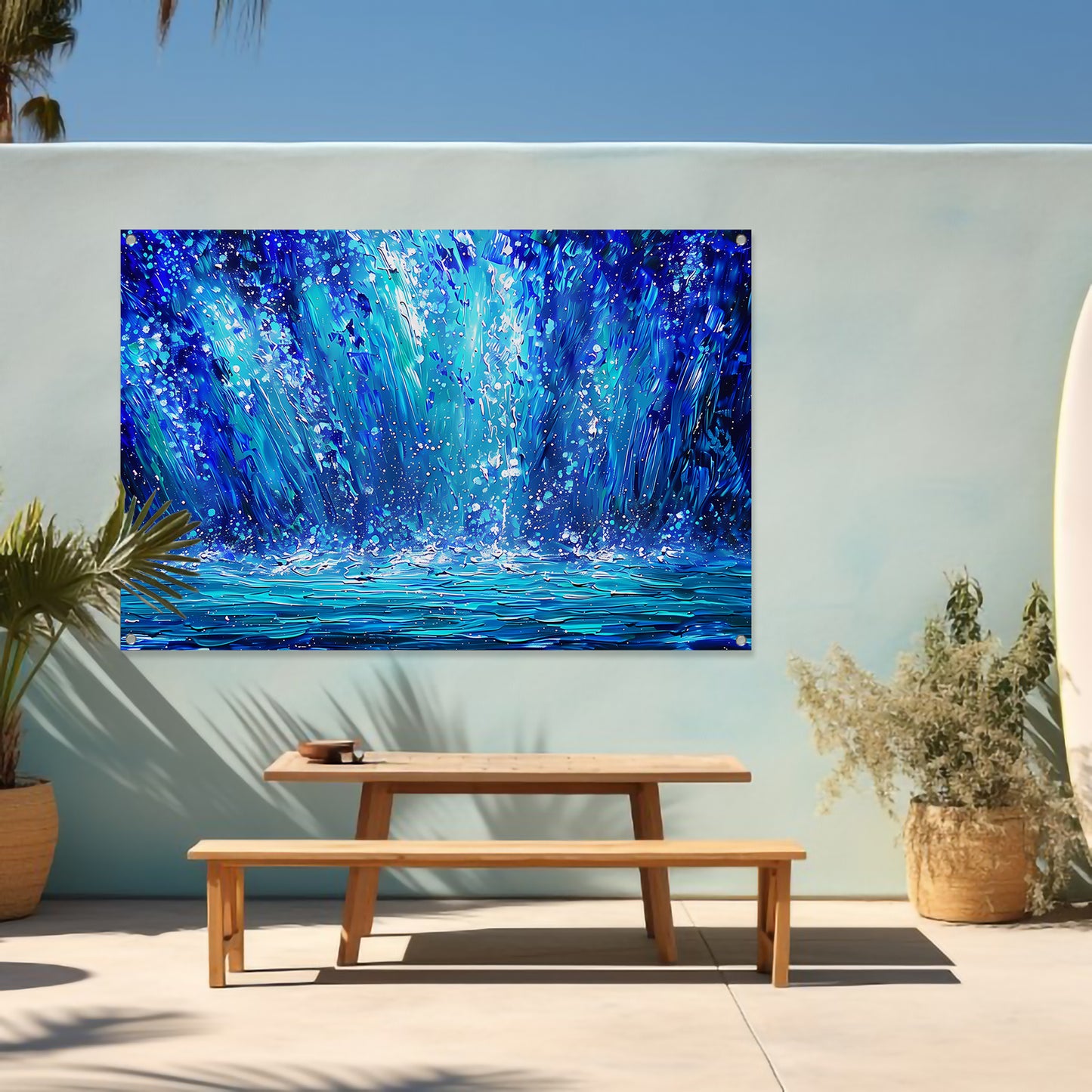 Dynamische abstracte waterval in blauwe tinten tuinposter