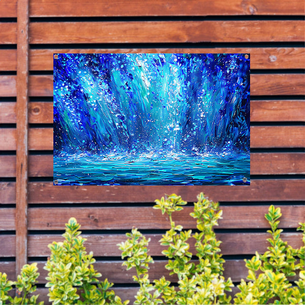 Dynamische abstracte waterval in blauwe tinten tuinposter