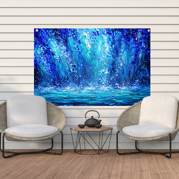 Dynamische abstracte waterval in blauwe tinten tuinposter