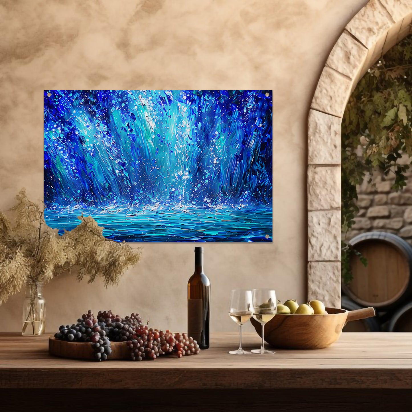 Dynamische abstracte waterval in blauwe tinten tuinposter