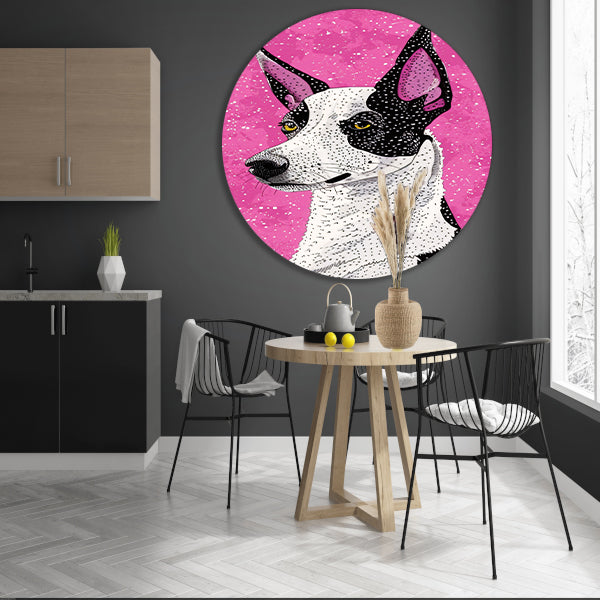 Moderne kleurrijke hond in popart-stijl aluminium muurcirkel