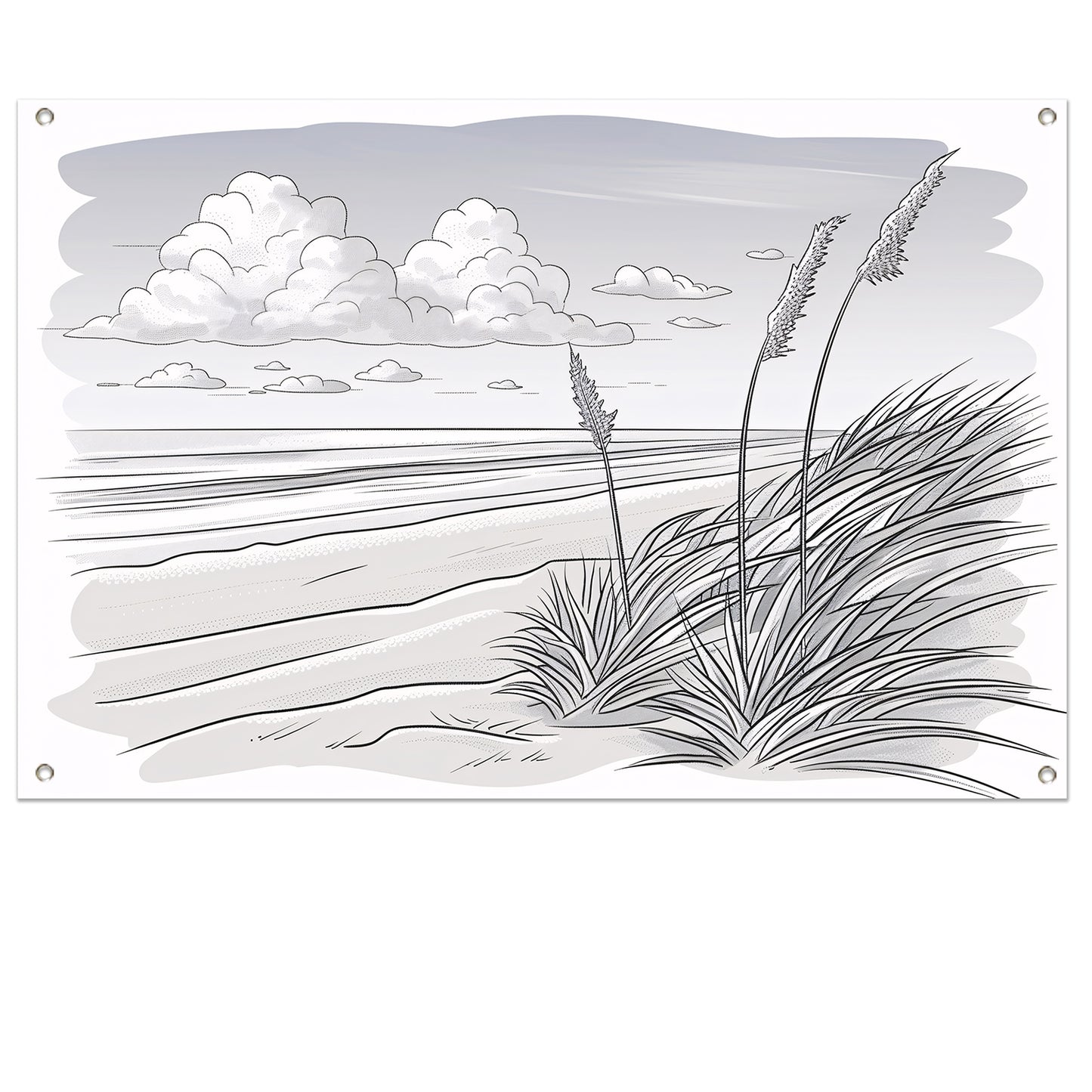 Elegante lijntekening van strandlandschap tuinposter