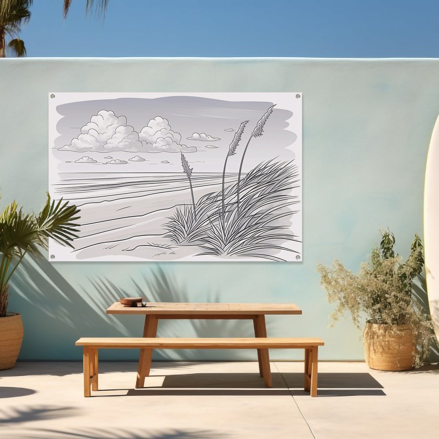 Elegante lijntekening van strandlandschap tuinposter