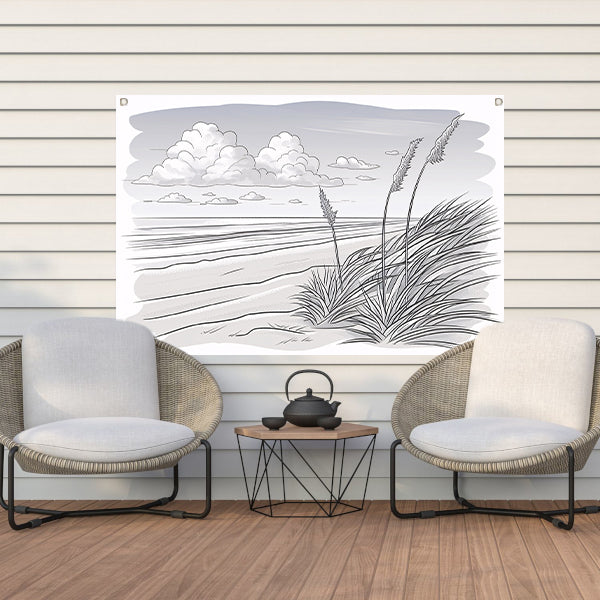 Elegante lijntekening van strandlandschap tuinposter