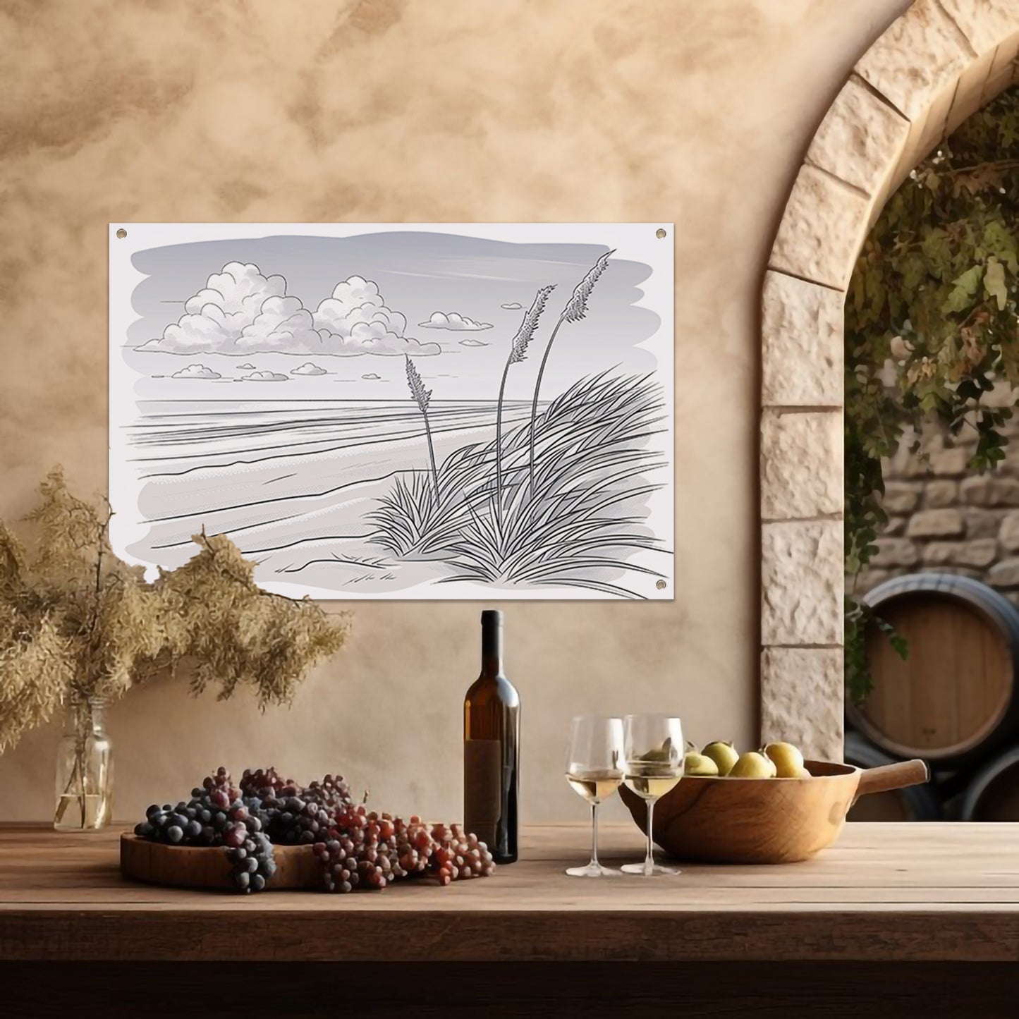 Elegante lijntekening van strandlandschap tuinposter