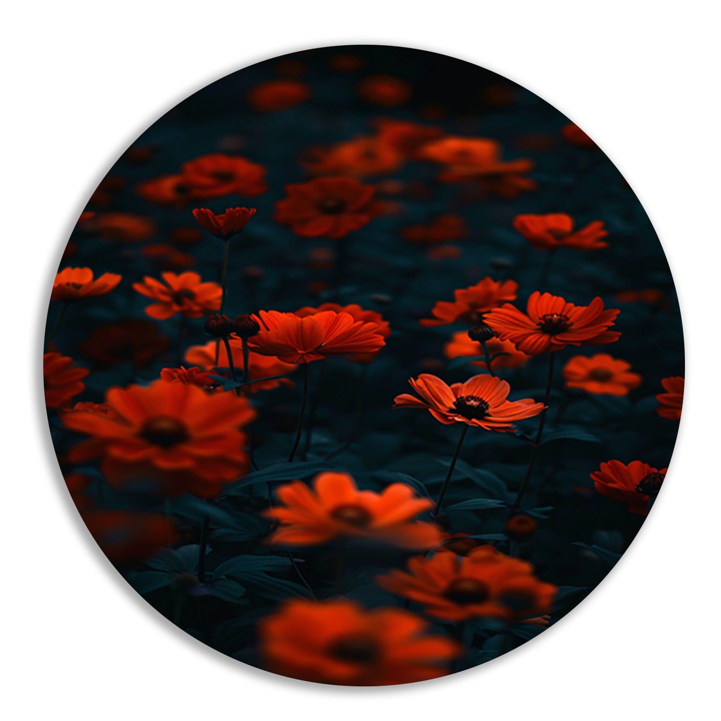 Rode bloemen in de schemering aluminium muurcirkel