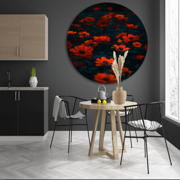 Rode bloemen in de schemering aluminium muurcirkel