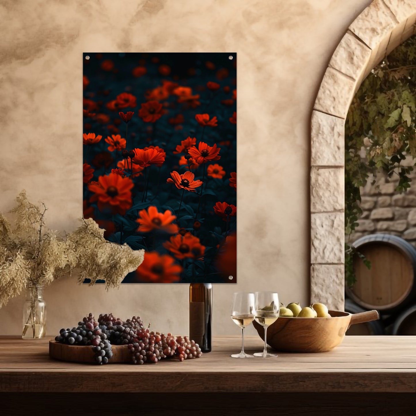 Rode bloemen in de schemering tuinposter