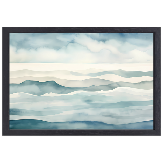 Mistige zee in monochrome blauwtinten canvas met baklijst